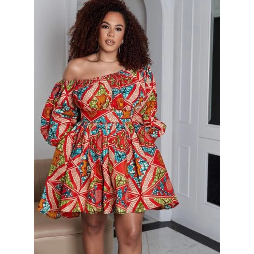 NEW Grassfields Grass-Fields Annette African Wax Print Off Shoulder Dress 10